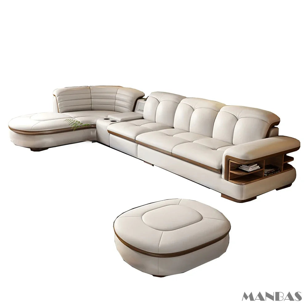 Luxury L-Shaped Genuine Leather Sectional Sofa Sets with USB, Bluetooth Speaker - Linlamlim Living Room Italian Leather Couches