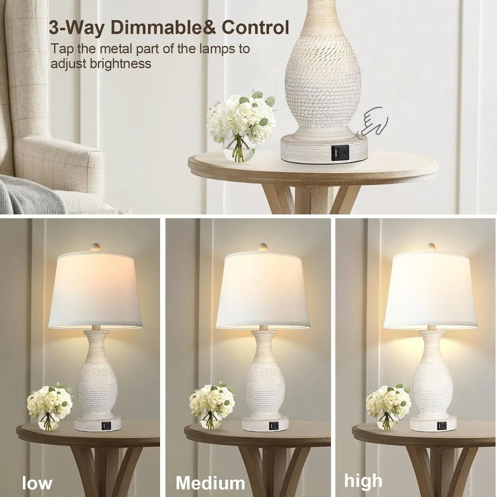 Set of 2 Touch Table Lamps with USB Charging, Dimmable, White Fabric Shade, LED Bulbs Included