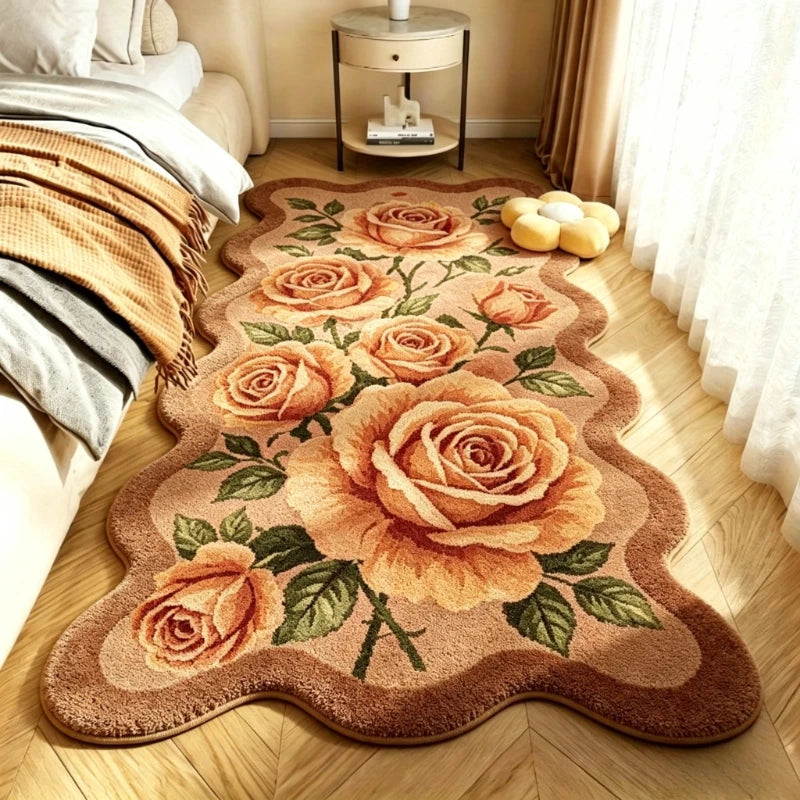Pastoral Style Carpets for Living Room Pink Flowers Bedroom Decor Carpet Irregular Bedside Plush Rug Fluffy Soft Home Floor Mat