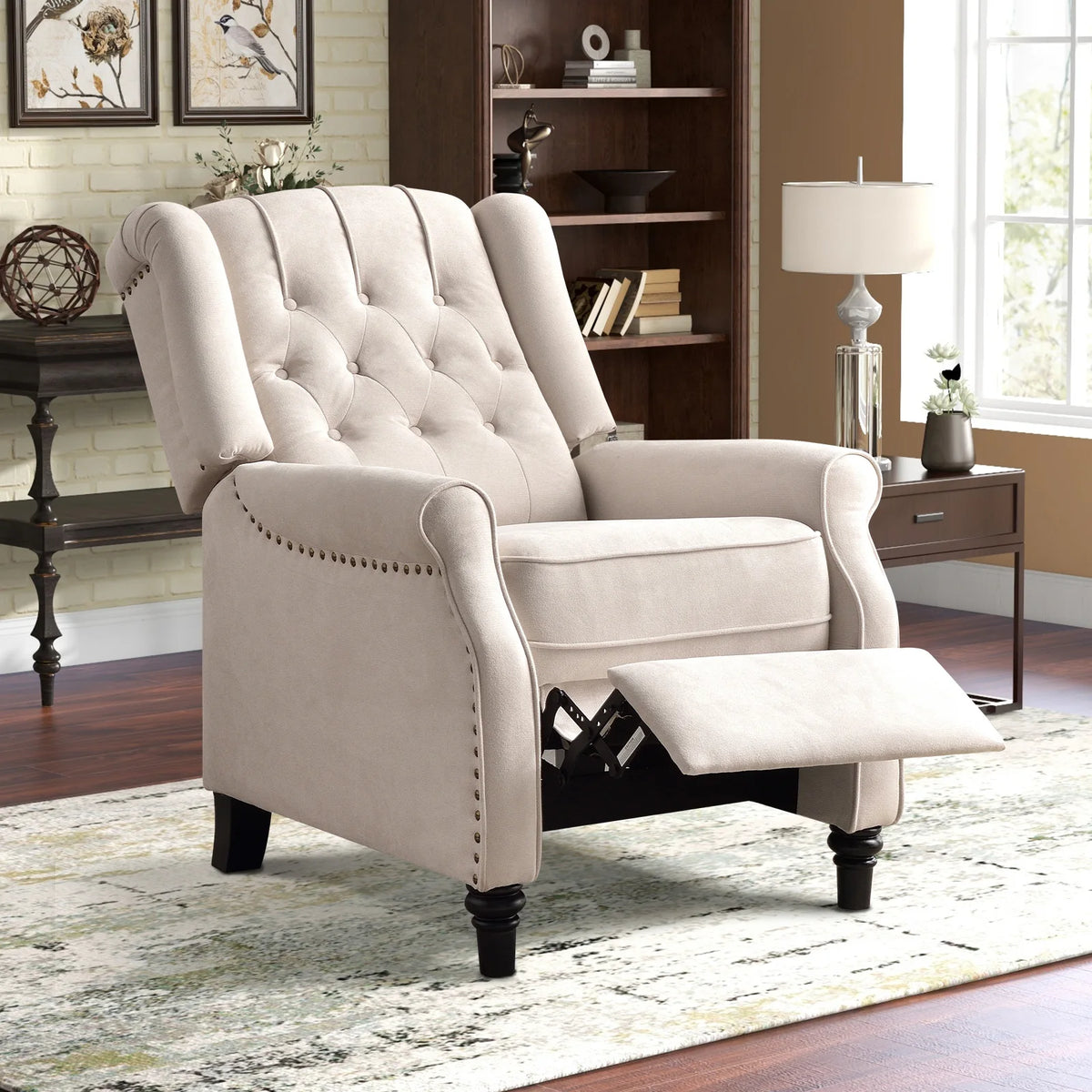 EBELLO Mid Century Wingback Push Back Recliner With Rivet Detail
