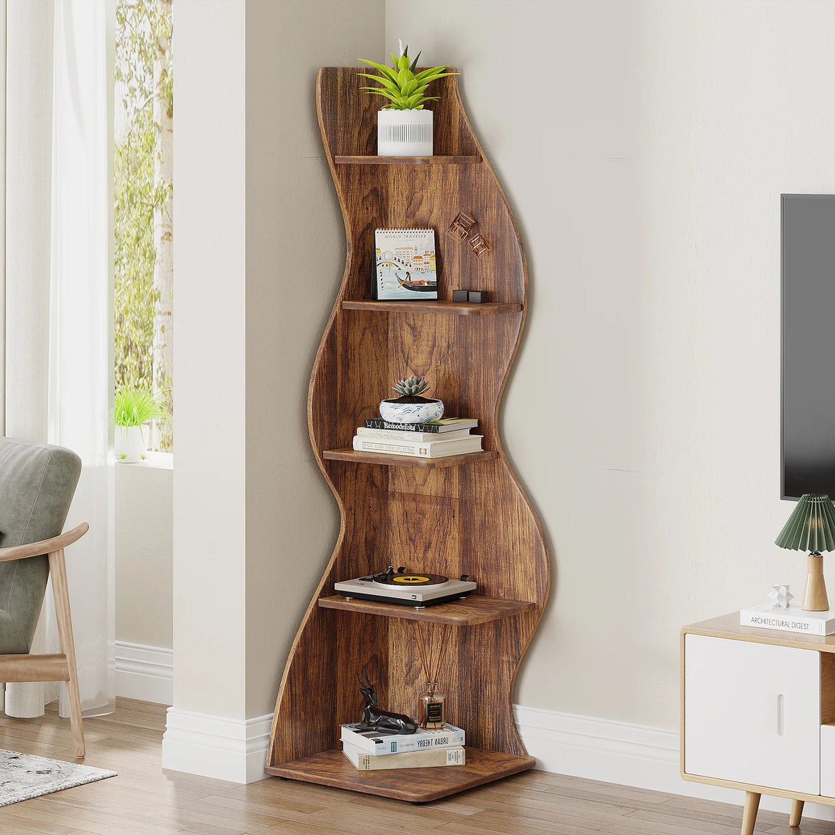 Tribesigns Rustic Corner Bookshelf Storage Rack And Plant Stand