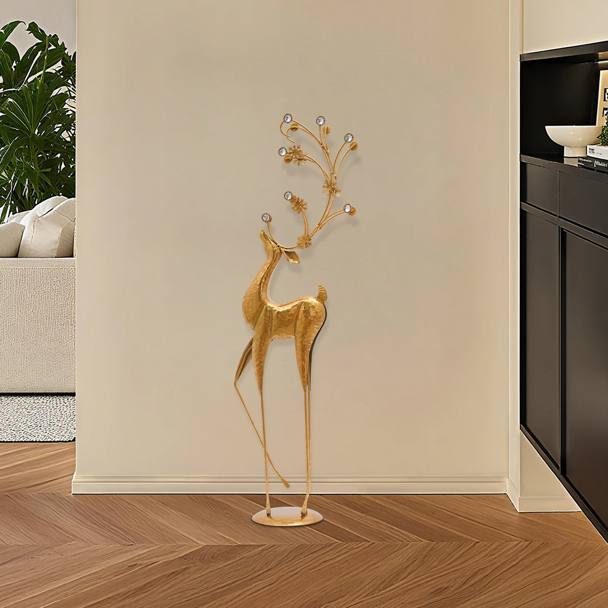 85CM Large Gold Deer Statue, Retro Iron & Plastic Sculpture with Rhinestone Antlers, High-Temperature Baking Paint, Sturdy Freestanding Home Decor Ornament for Living Room, Office, Christmas Gift