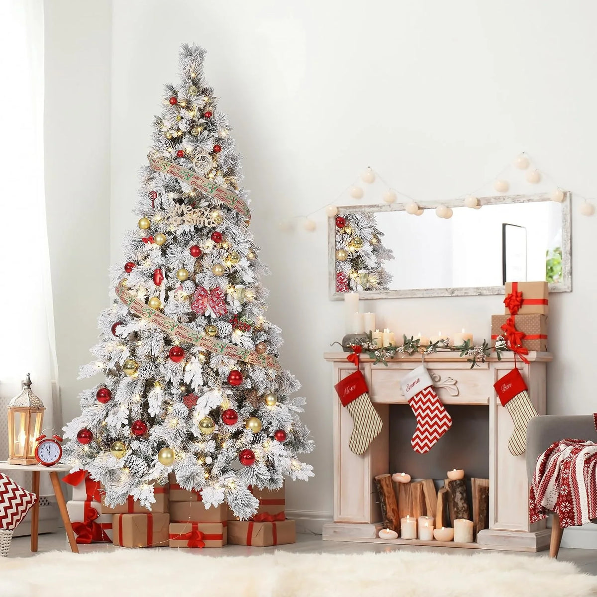 6 Ft Pre-Lit Pencil Snow Flocked Spruce Artificial Christmas Tree with Pine Cones & Foldable Stand, Slim Green-White Xmas Tree for Indoor Holiday Decoration