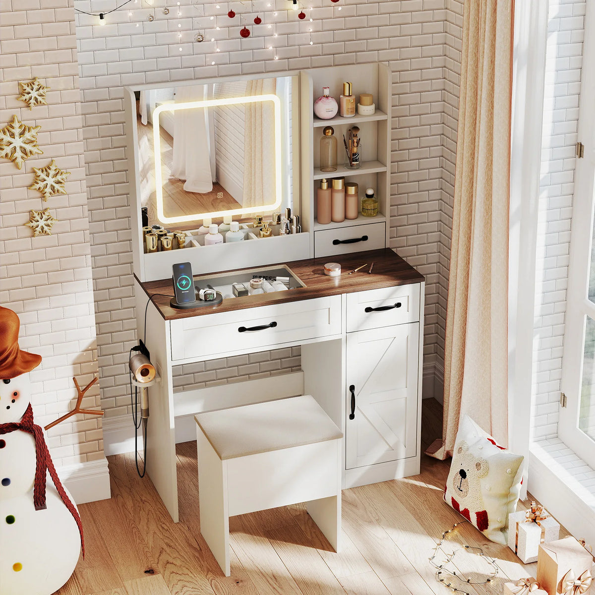 HOMASIS Vanity Desk With Mirror, Power Outlets, And Adjustable Lighting