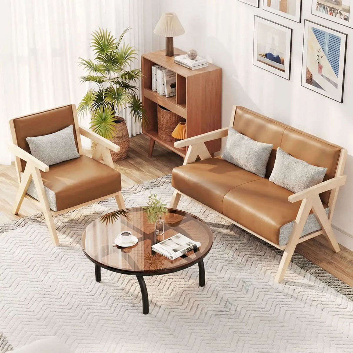 Mid Century Modern Faux Leather Chair With Rubber Wood Frame