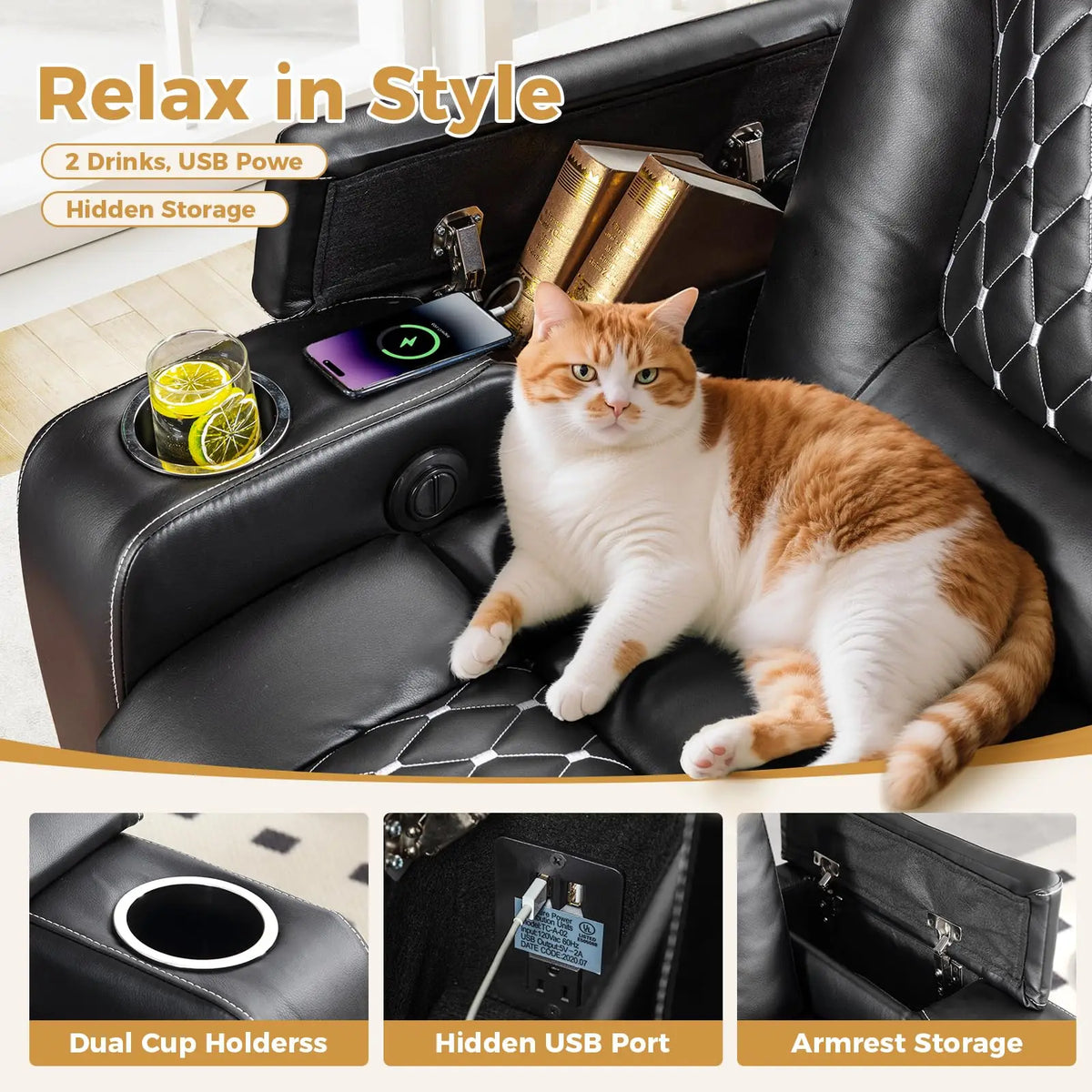 EBELLO Power Recliner Chair With USB Ports And Cup Holders