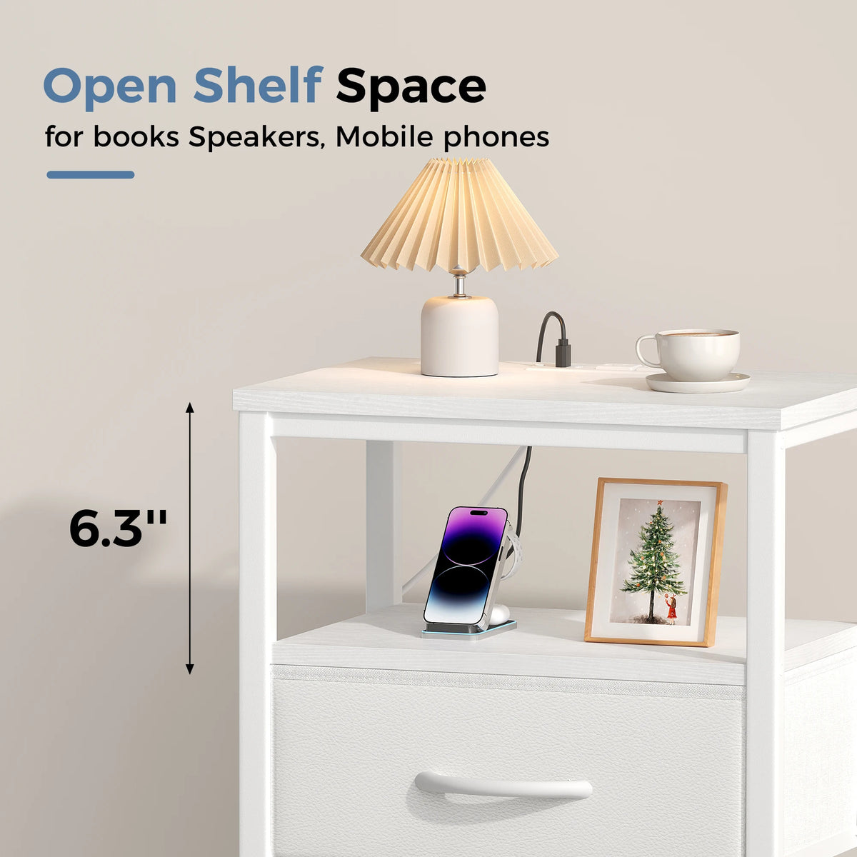 MCQ Nightstand With Fabric Drawer LED Lighting And Charging Station