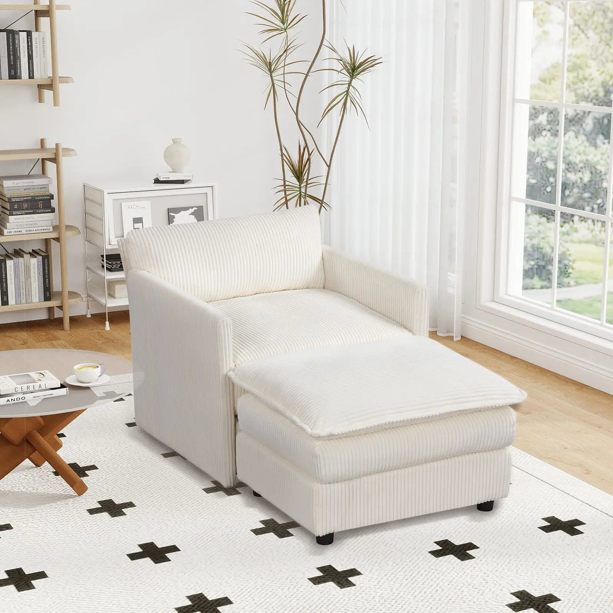 Oversized Accent Chair And Ottoman With Soft Corduroy Cushions