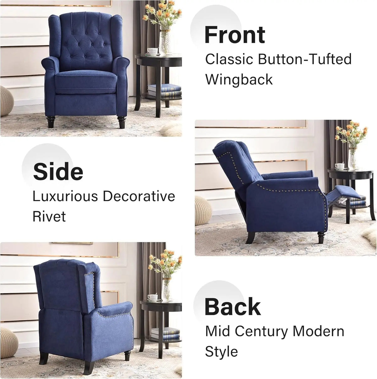 EBELLO Mid Century Wingback Push Back Recliner With Rivet Detail
