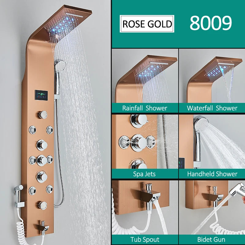 Quyanre Six Function LED Shower Panel With Rainfall Massage Jets