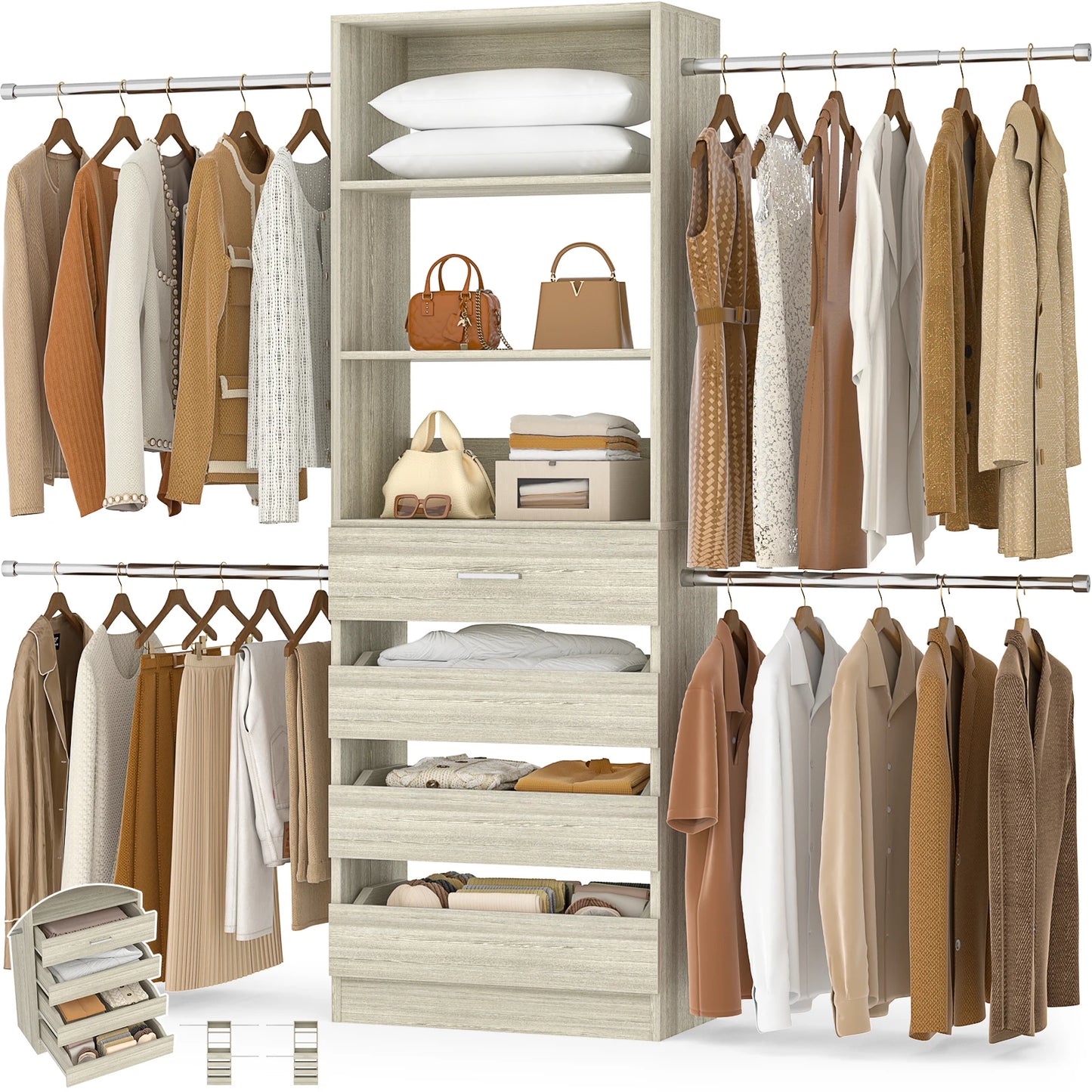 Aheaplus Wooden Closet System With Four Drawers Four Hanging Rods