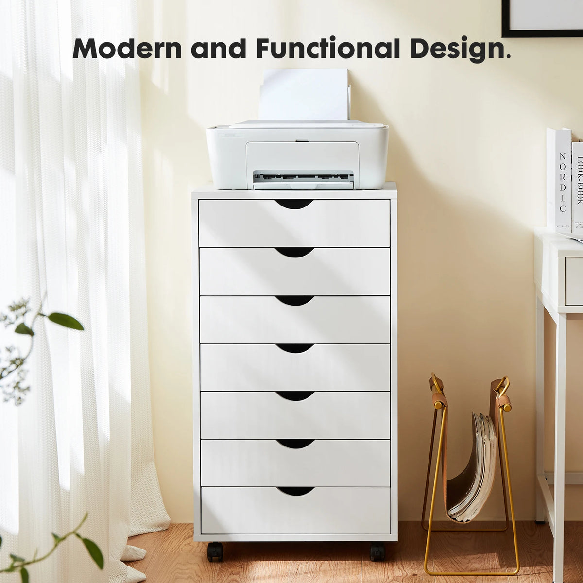 JHK Seven Drawer Wooden Storage Cabinet With Rolling Wheels