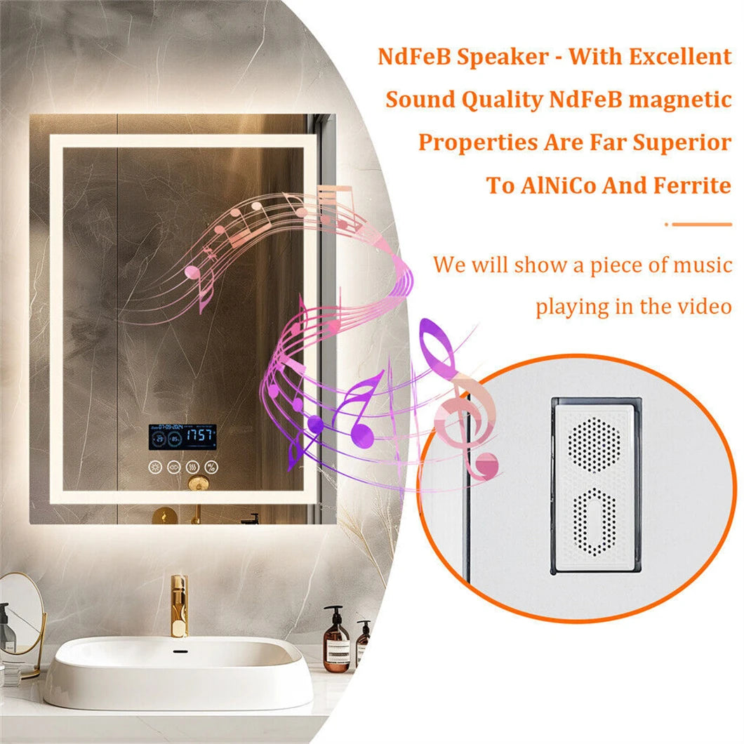 Smart LED Bathroom Mirror Rectangle Wall Mount Mirror w Bluetooth Speaker,Time,Temperature,Light Memory,Front & Backlit,Anti-Fog