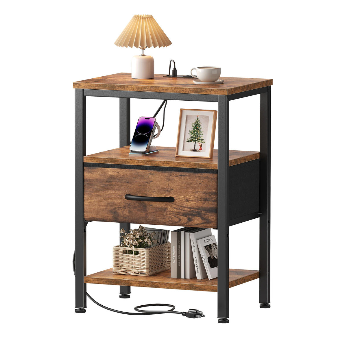 MCQ Nightstand With Fabric Drawer LED Lighting And Charging Station