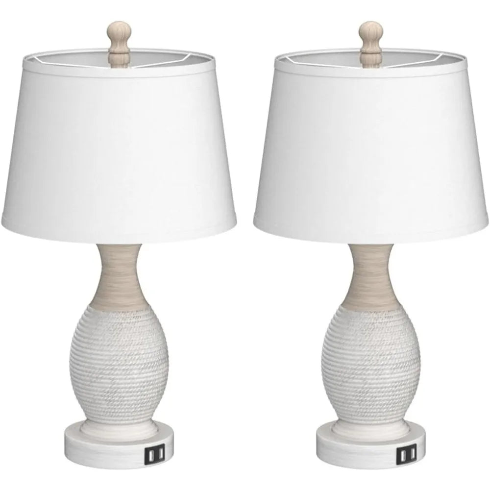 Set of 2 Touch Table Lamps with USB Charging, Dimmable, White Fabric Shade, LED Bulbs Included