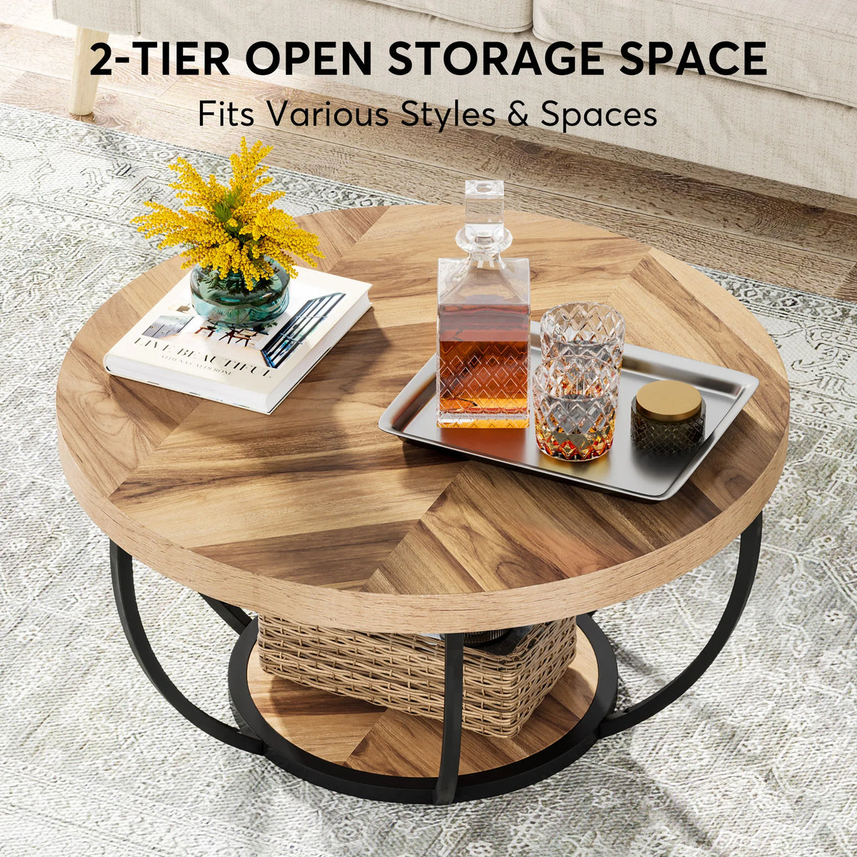 Tribesigns Modern Round Two Tier Coffee Table With Storage Shelves