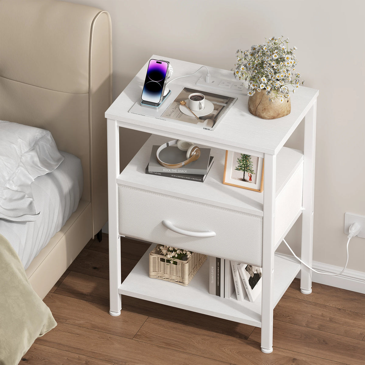 MCQ Nightstand With Fabric Drawer LED Lighting And Charging Station