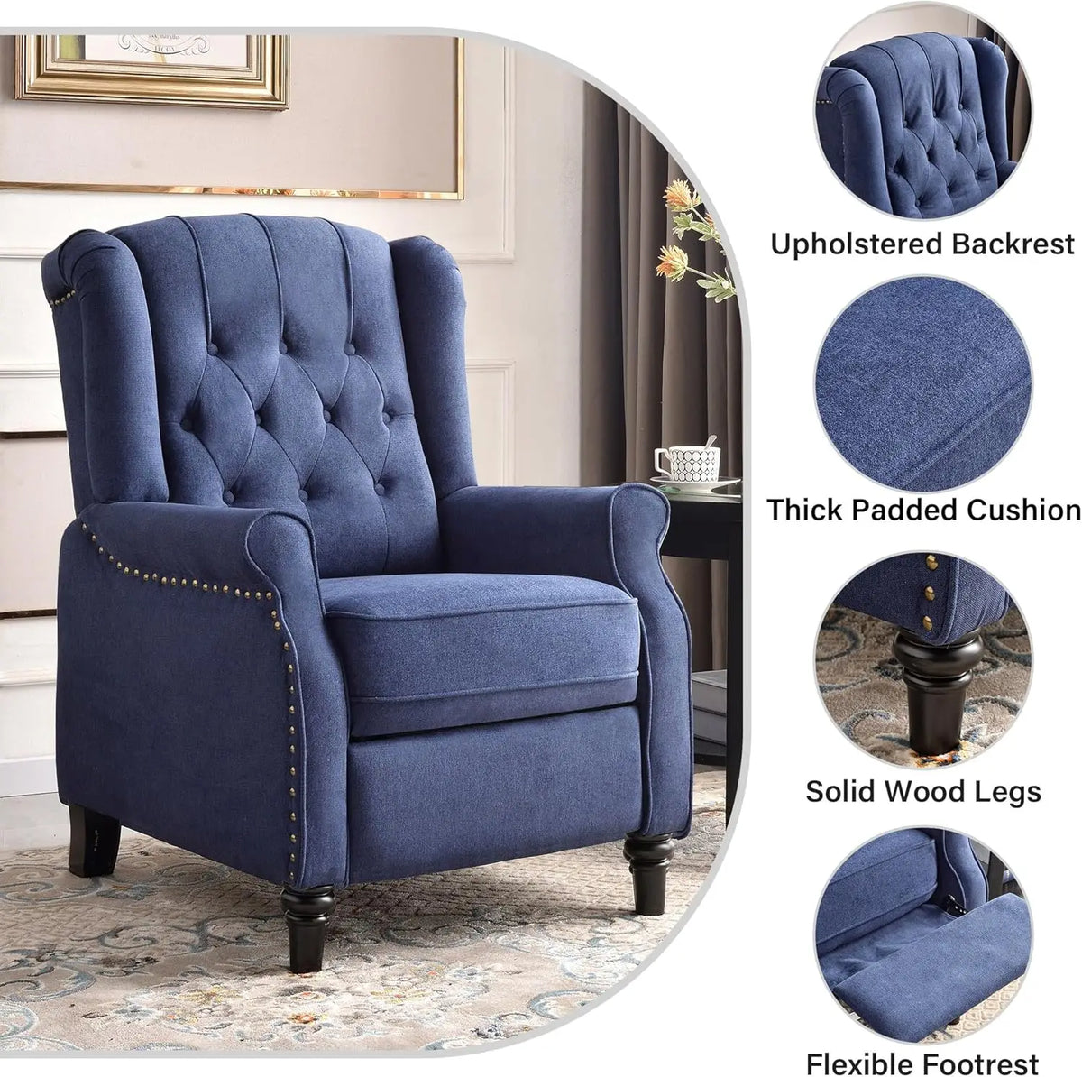EBELLO Mid Century Wingback Push Back Recliner With Rivet Detail