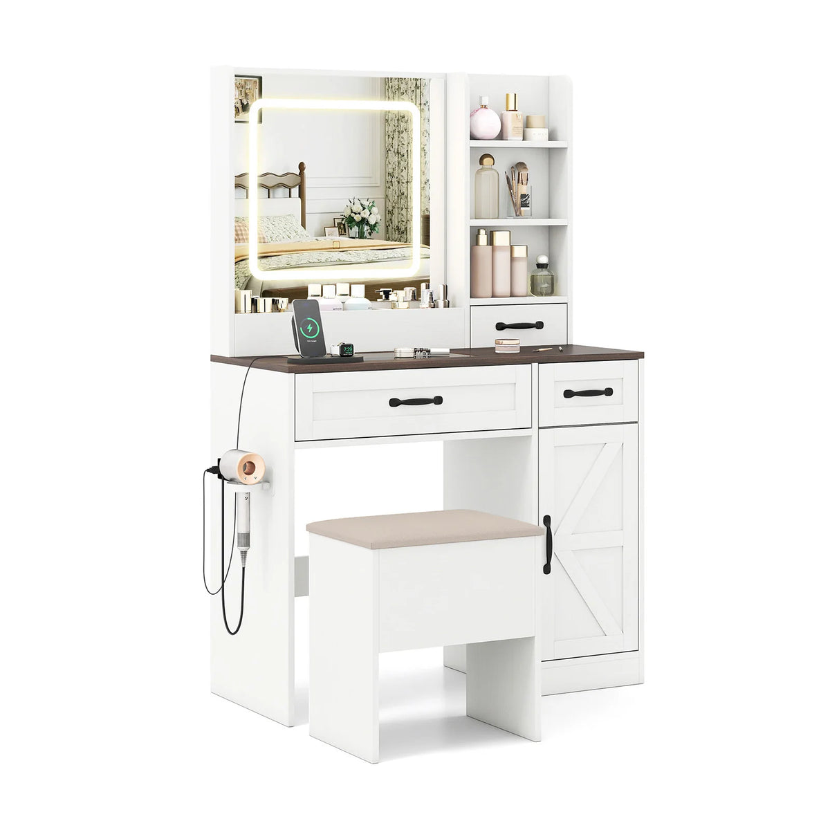 HOMASIS Vanity Desk With Mirror, Power Outlets, And Adjustable Lighting