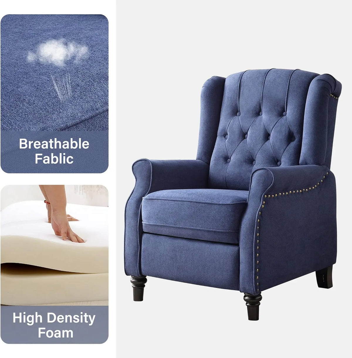 EBELLO Mid Century Wingback Push Back Recliner With Rivet Detail