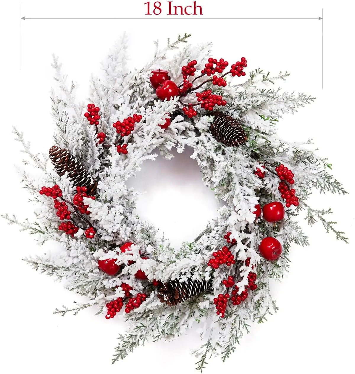 18 Inch Winter Christmas Wreath Snow Flocked Artificial Pine Garland Wreath Red Berries Pinecones Xmas Ornament Window Wall Hanging Decor Christmas Decorations