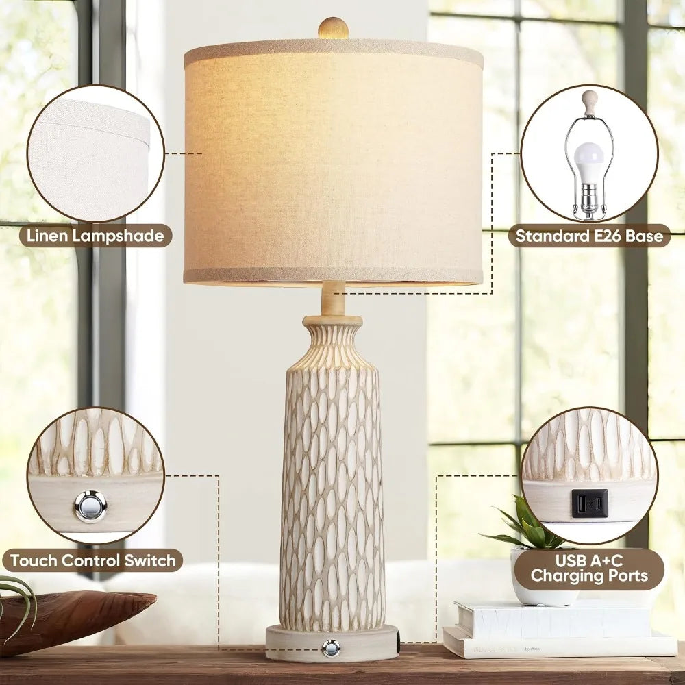 Farmhouse Table Lamp Set With USB Charging And Touch Dimming