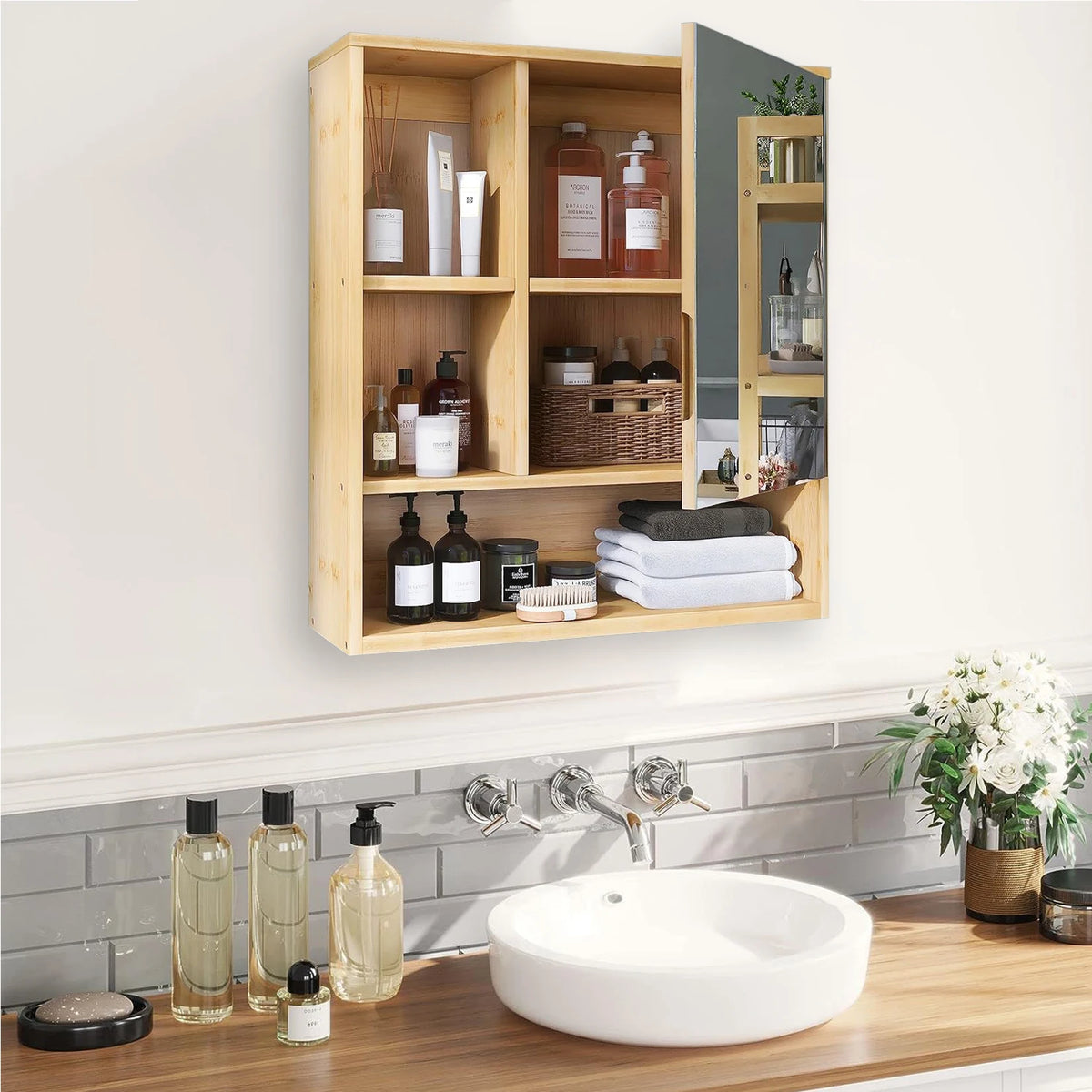 Wisfor Bamboo Bathroom Medicine Cabinet With Mirror And Storage Shelves