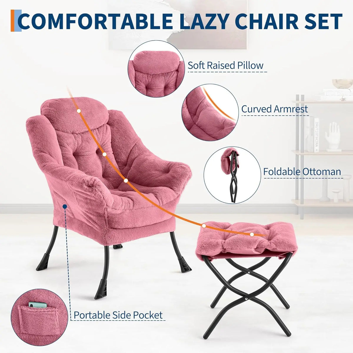 Comfortable Lounge Chair With Folding Ottoman Footrest for Reading