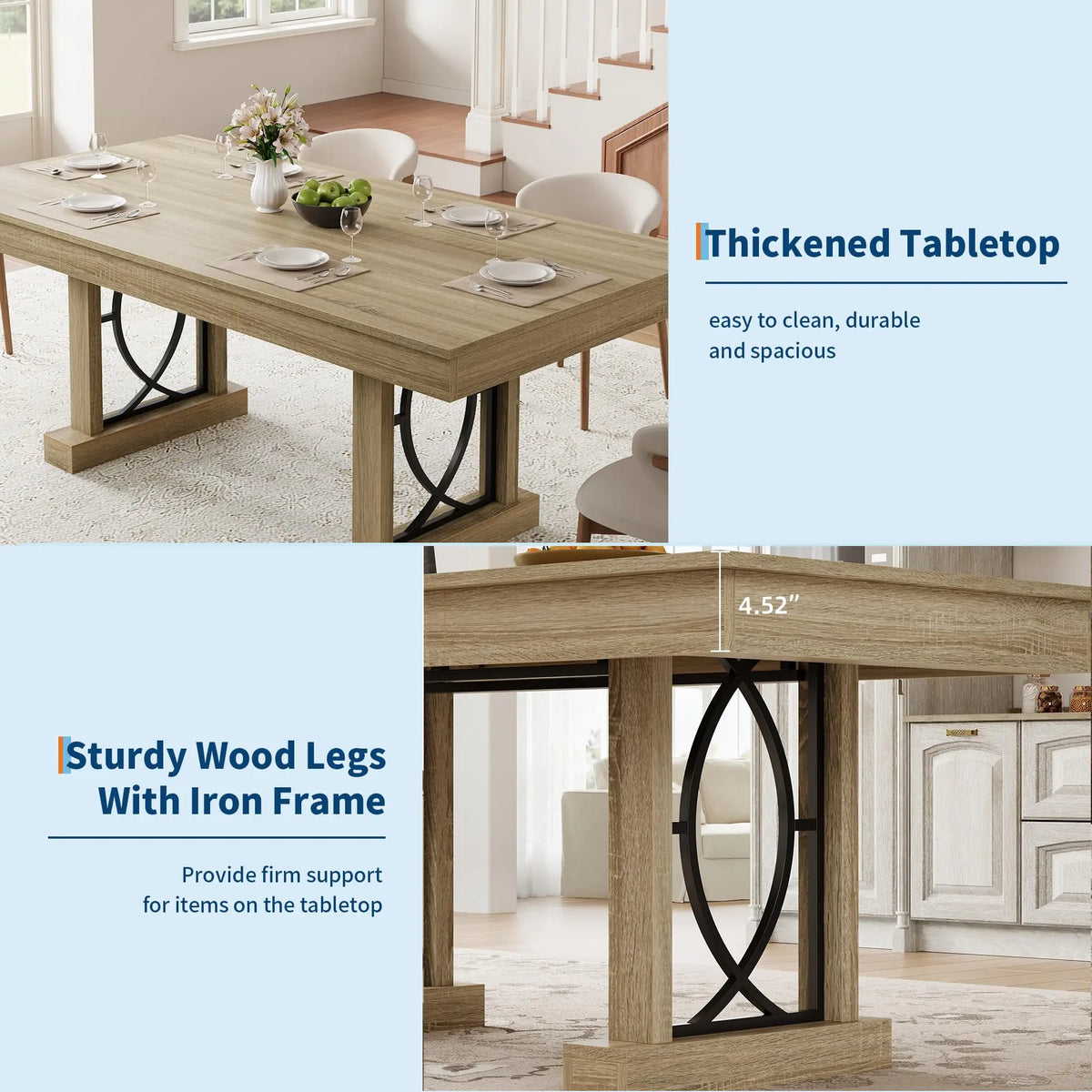 Large 71 Inch Dining Table With 2 Storage Drawers For 6-8, Rustic Wood Kitchen Table, Heavy Duty Base, Home Office Desk