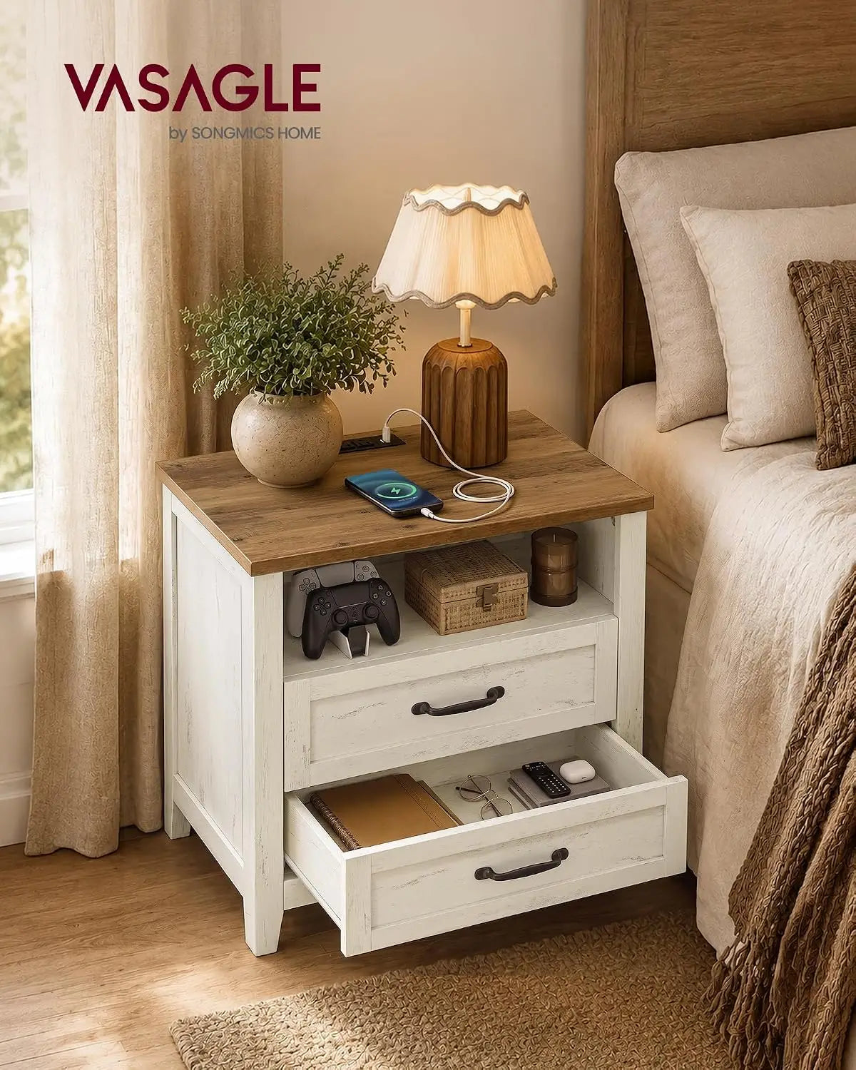 Novilla Farmhouse Nightstand Set With Charging Station And Two Drawers