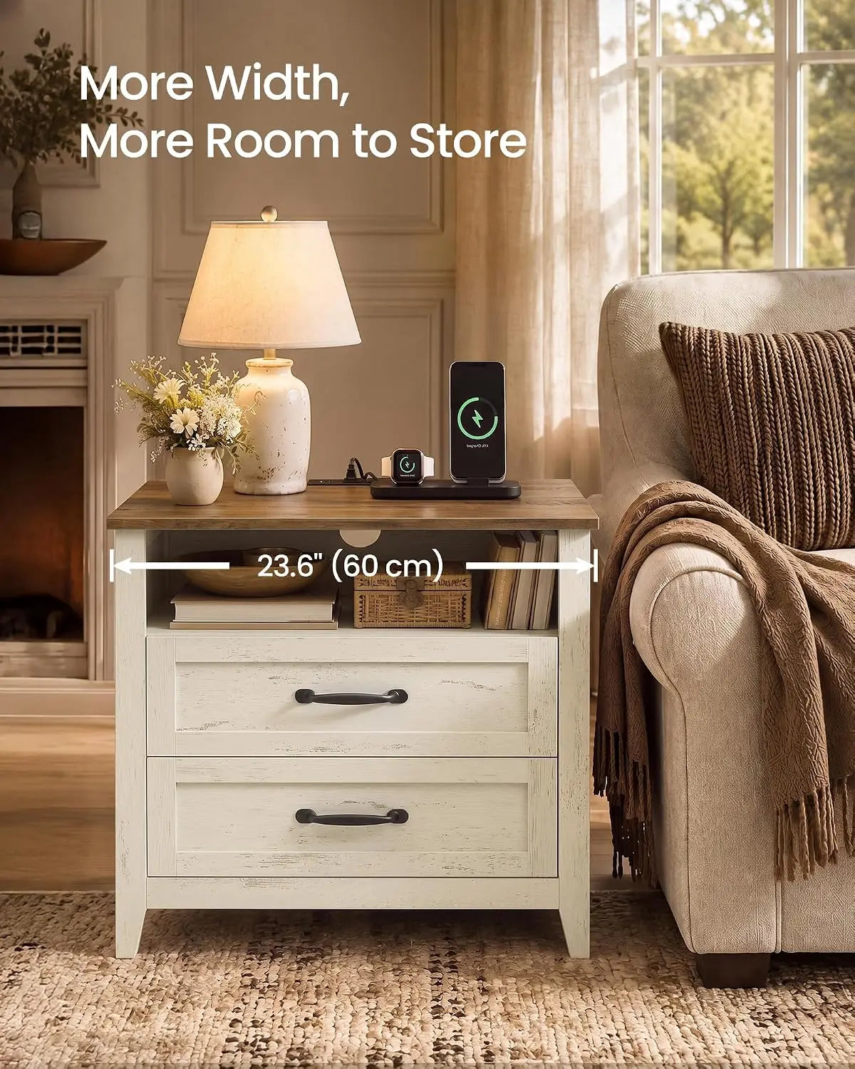 Novilla Farmhouse Nightstand Set With Charging Station And Two Drawers