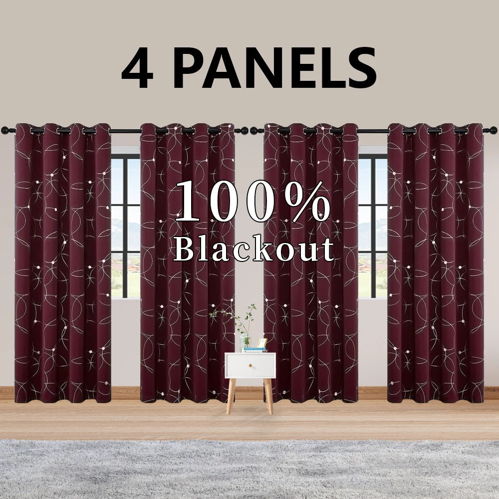 4PCSBlackout Curtains Grommet Thermal Insulated Room Darkening With Circle And Dots Foil Printed For Bedroom