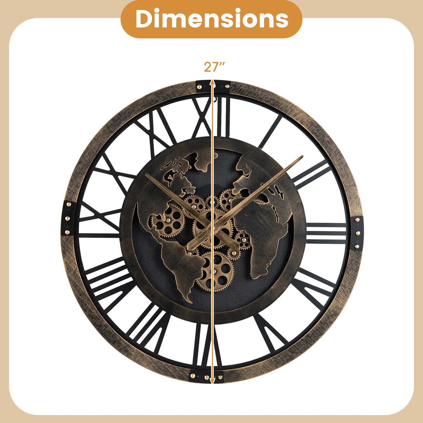 Large Wall Clock, 27” Gear Clock w/ World Map, Non-Ticking Decorative Metal Clock