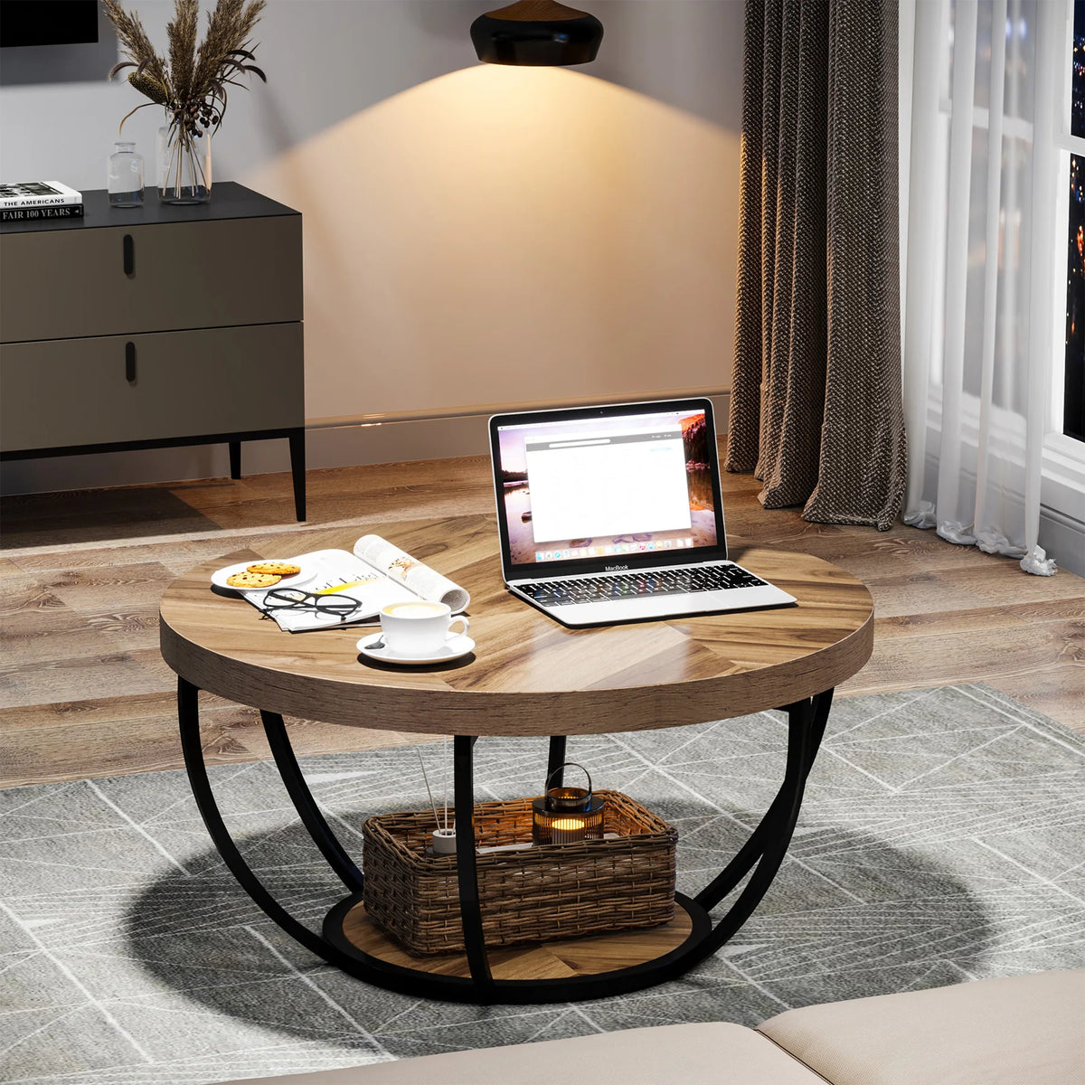 Tribesigns Modern Round Two Tier Coffee Table With Storage Shelves