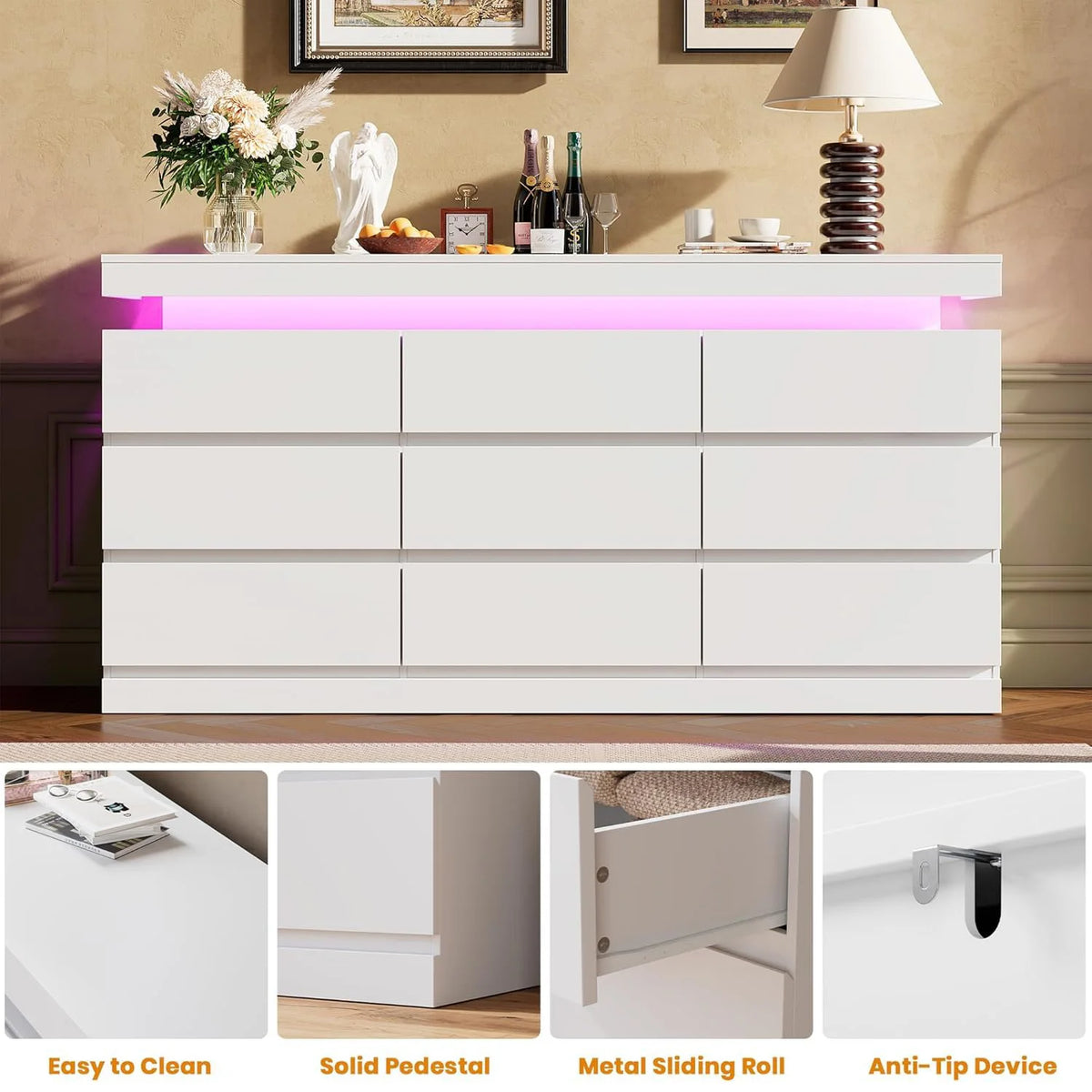 Acekool 9 Drawer Dresser With LED Lights And Charging Station