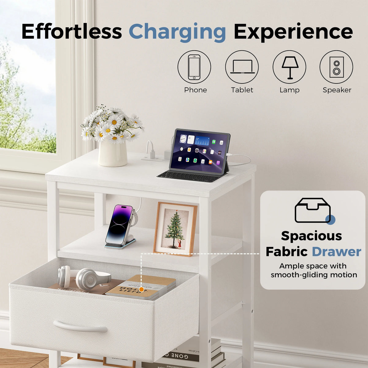 MCQ Nightstand With Fabric Drawer LED Lighting And Charging Station