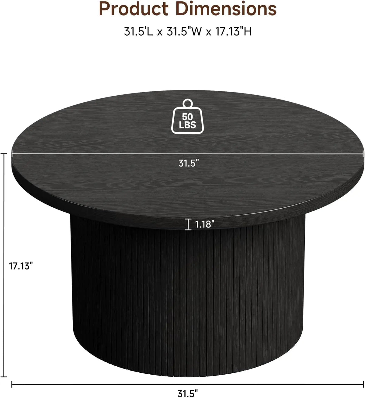 31.5" Modern Round Coffee Table Mid Century, Fluted Tambour Drum Design Engineered Wood Small Center Table for Living Room, Black