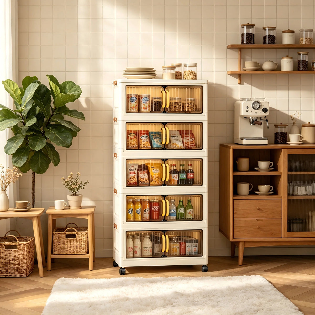 Foldable Plastic Storage Cabinet With Wheels And Transparent Doors