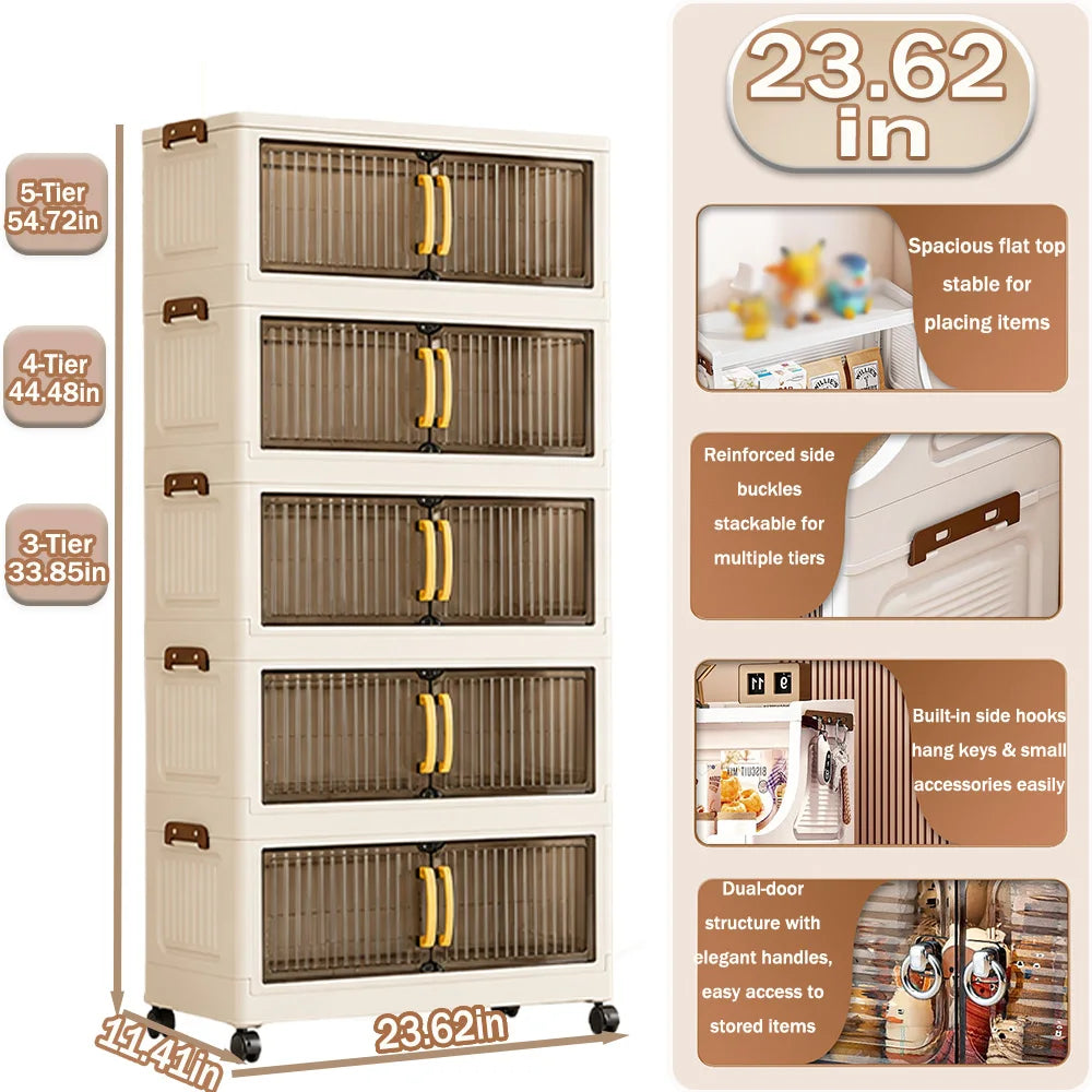 Foldable Plastic Storage Cabinet With Wheels And Transparent Doors