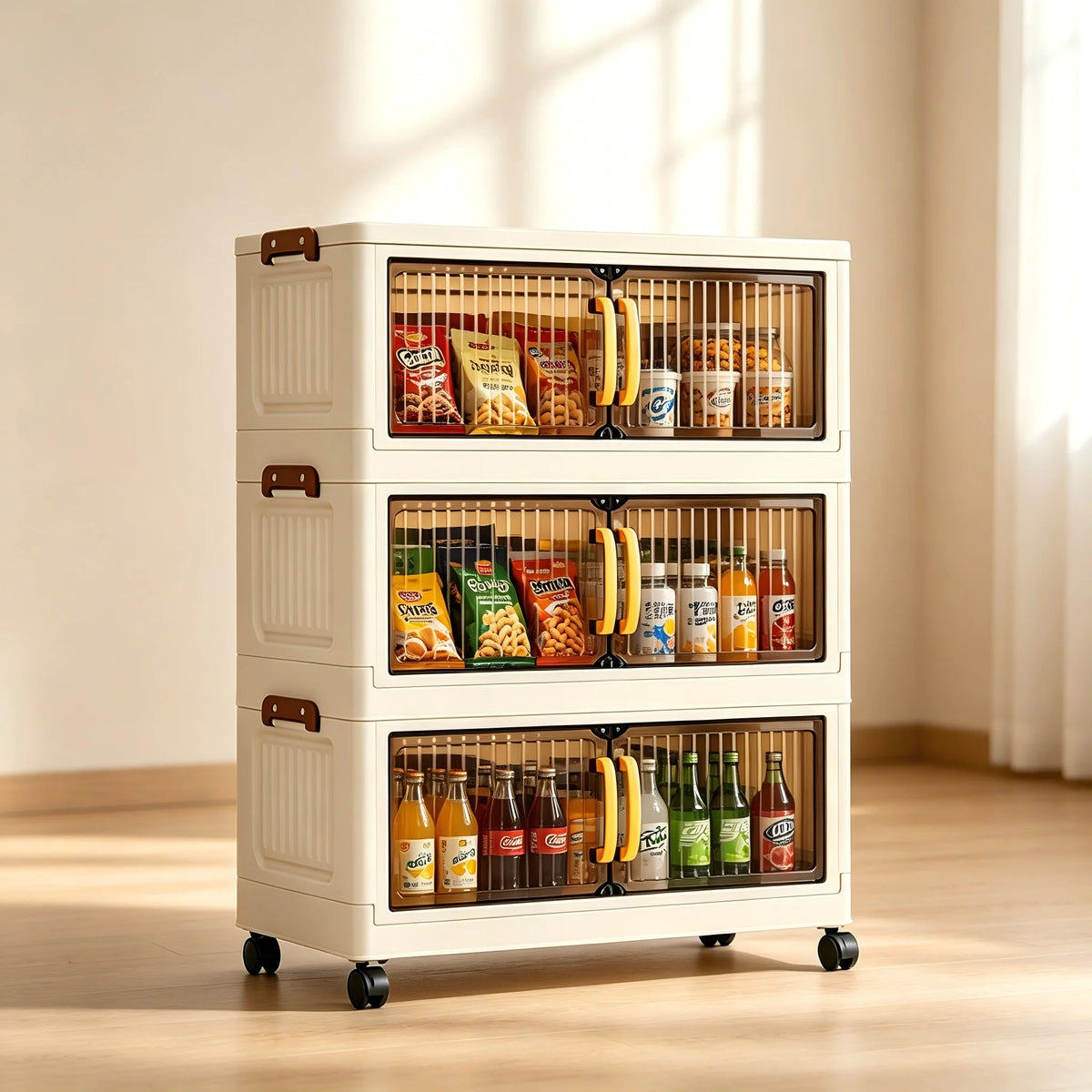Foldable Plastic Storage Cabinet With Wheels And Transparent Doors