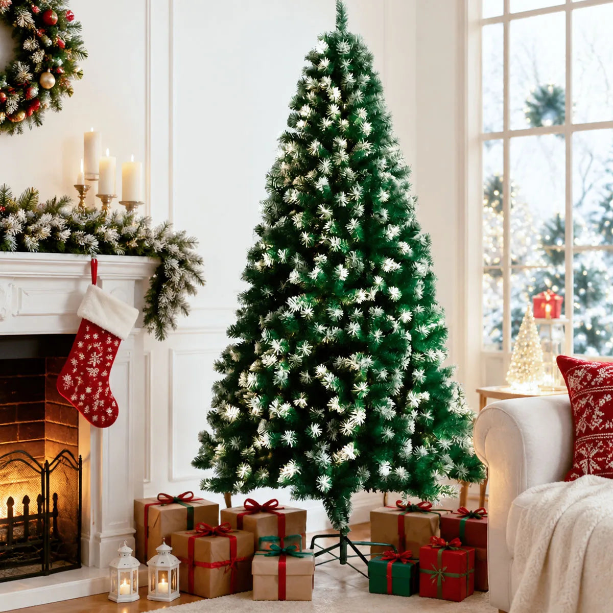 Snow Flocked Unlit Artificial Christmas Tree With Foldable Metal Base