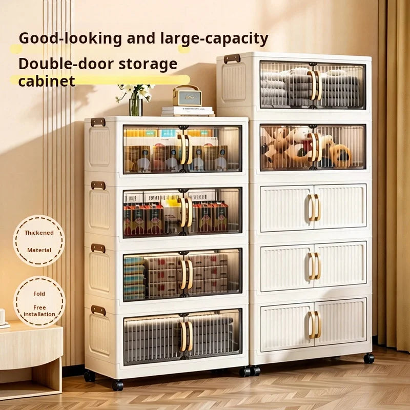 Foldable Plastic Storage Cabinet With Wheels And Transparent Doors