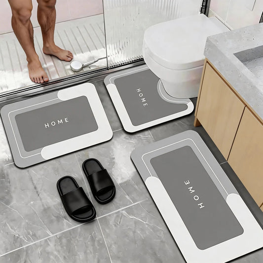 Bathroom Rugs Set 3 Piece, Super Absorbent Quick-Dry Bath Mat with Non-Slip Backing, Stylish "HOME" Print Bathroom Floor Mats, Soft Diatomaceous Earth Bath Rug Set for Shower, Tub & Toilet