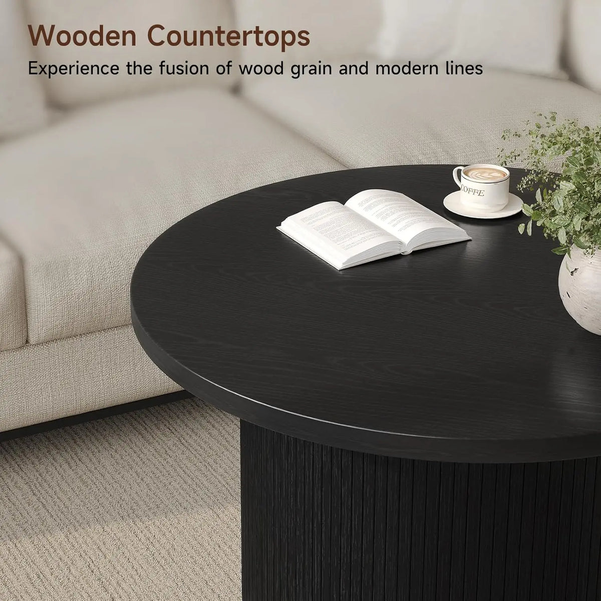 31.5" Modern Round Coffee Table Mid Century, Fluted Tambour Drum Design Engineered Wood Small Center Table for Living Room, Black