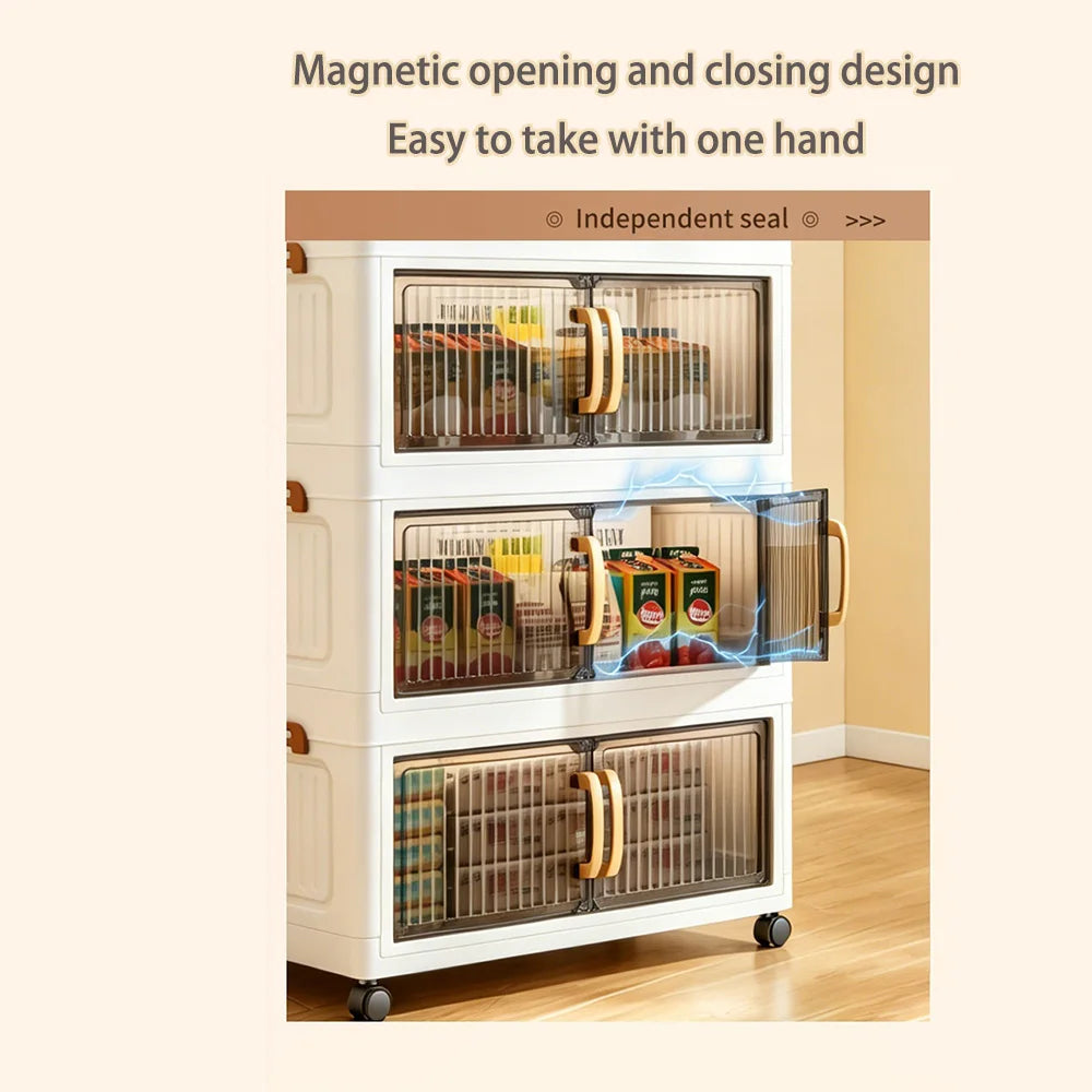 Foldable Plastic Storage Cabinet With Wheels And Transparent Doors