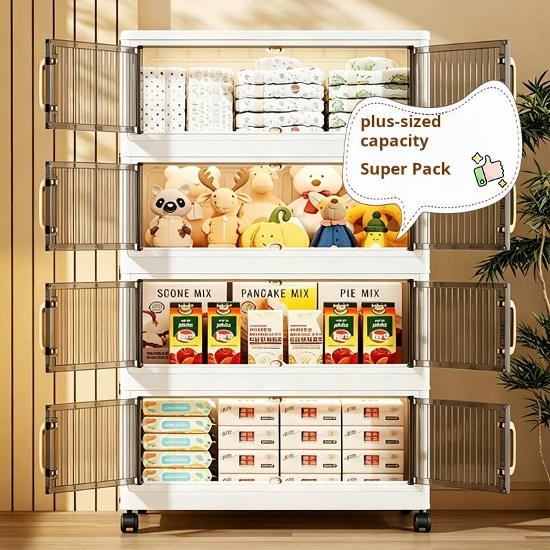 Foldable Plastic Storage Cabinet With Wheels And Transparent Doors