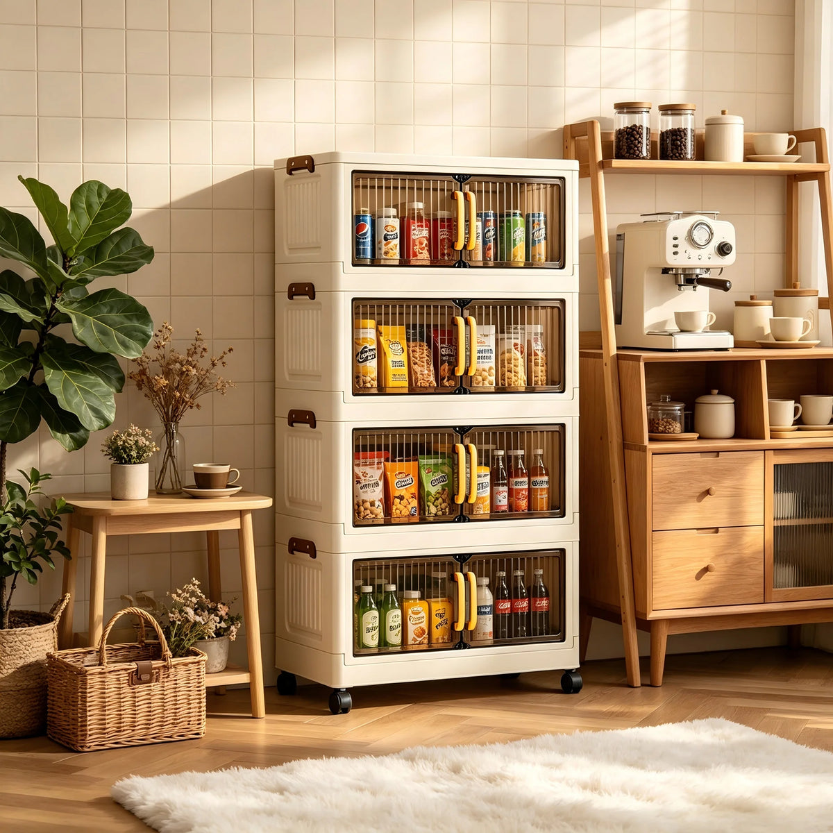 Foldable Plastic Storage Cabinet With Wheels And Transparent Doors
