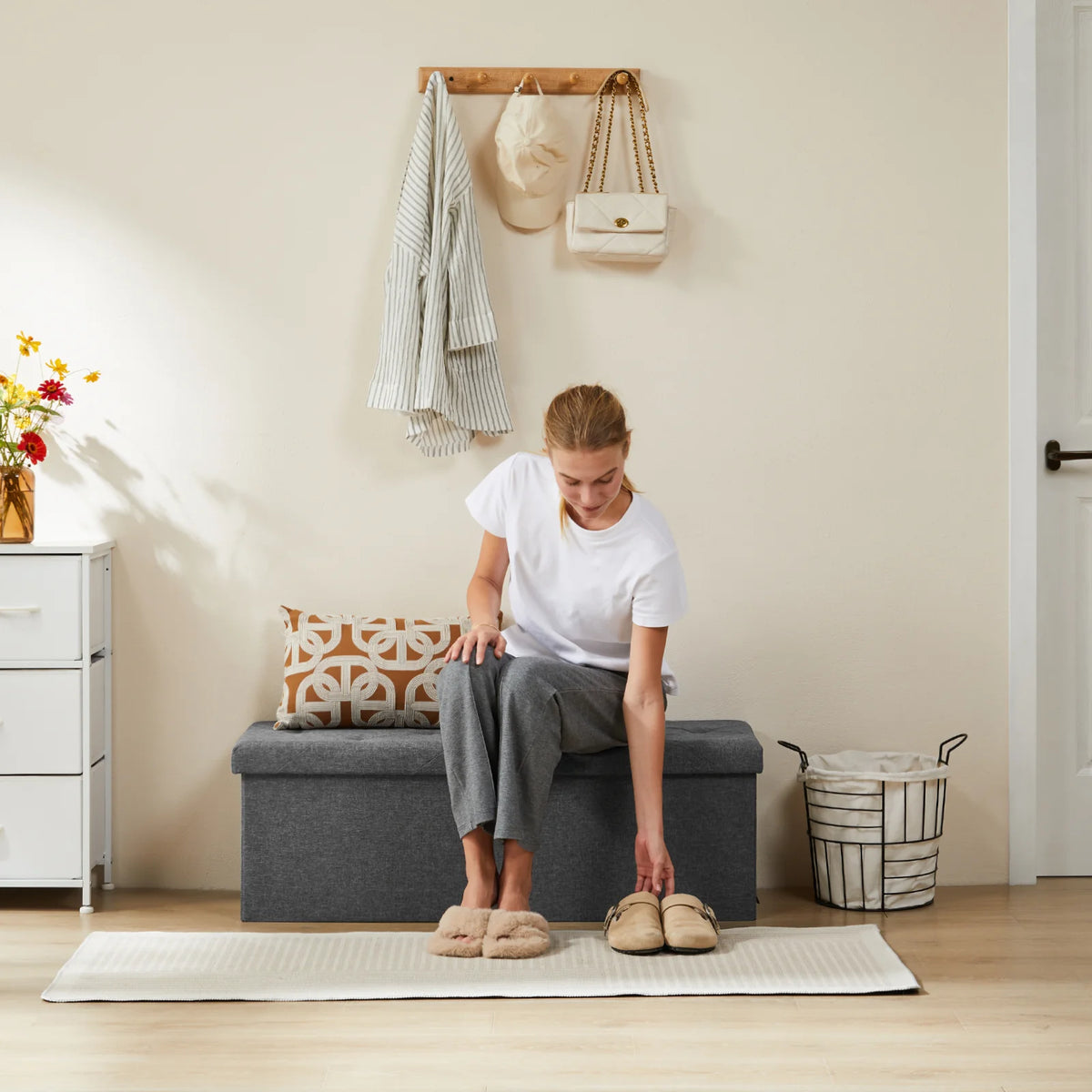 JHK Robust Metal Folding Storage Ottoman Bench With Large Hidden Space
