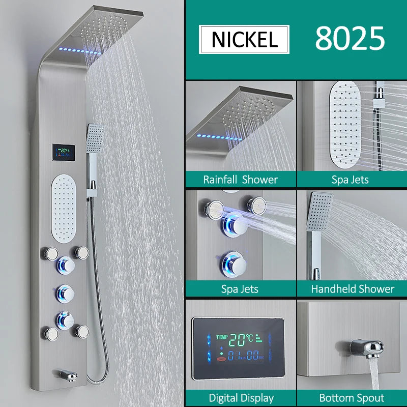 Quyanre Six Function LED Shower Panel With Rainfall Massage Jets