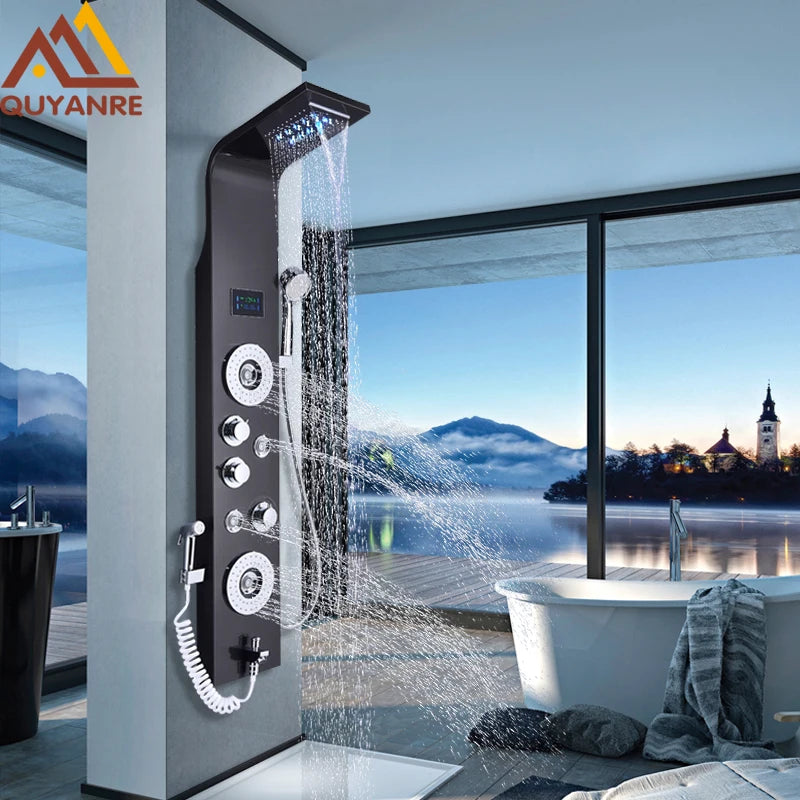 Quyanre Six Function LED Shower Panel With Rainfall Massage Jets